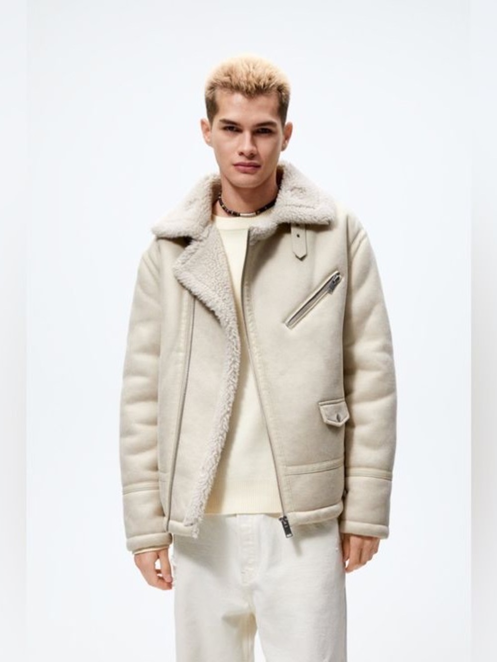 Zara Cream Sherpa-Trim Biker Jacket size Large